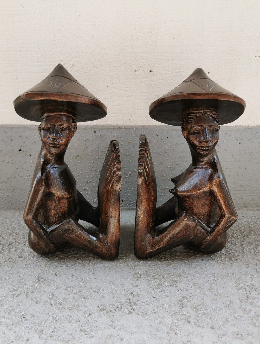 Vintage Hand Carved Wooden Figural Bookends Southeast Asian Folk Art Pair
